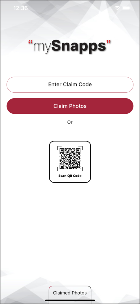 mySnapps app screen with options to claim photos via code or QR code scan