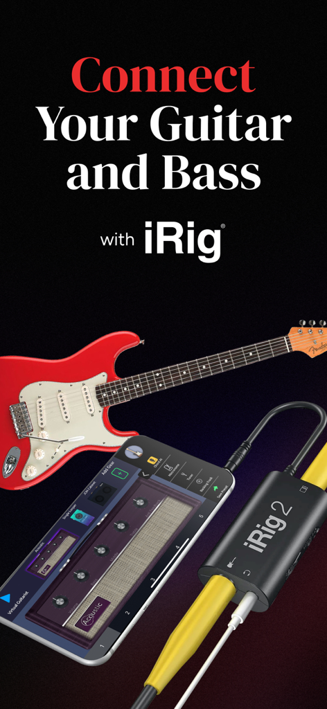 Guitar Amps, Effects, Pedals - An electric guitar connected to a smartphone running the Deplike amp app via an iRig 2 interface