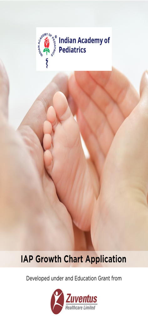 IAP Growth Charts - Splash screen for the IAP Growth Chart Application featuring the Indian Academy of Pediatrics logo and an infant's foot being held by hands.