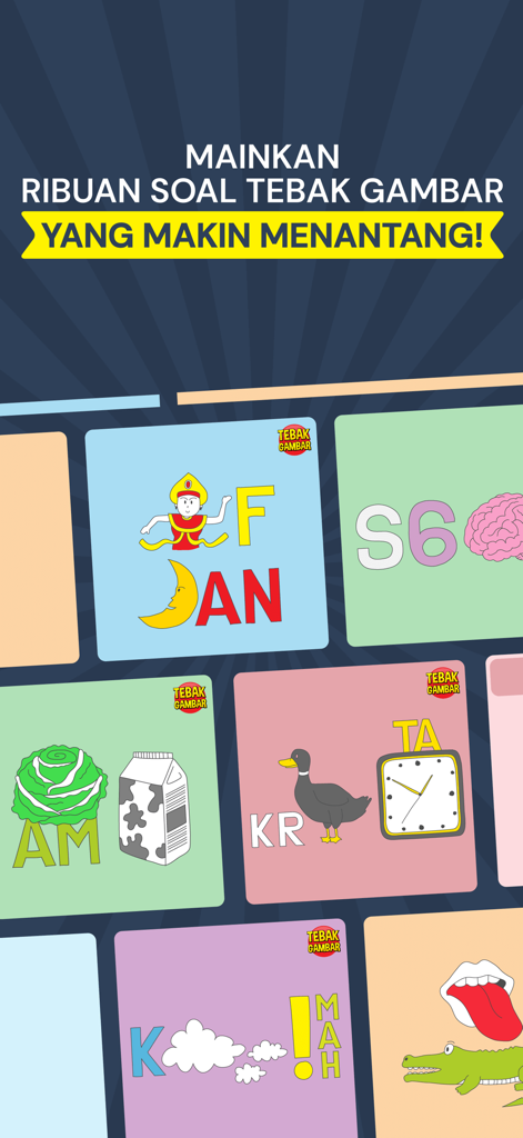 Tebak Gambarモバイルゲームのカラフルなレバスパズルタイルのコレクション。ビジュアルな語呂合わせと言葉のチャレンジが表示されている。