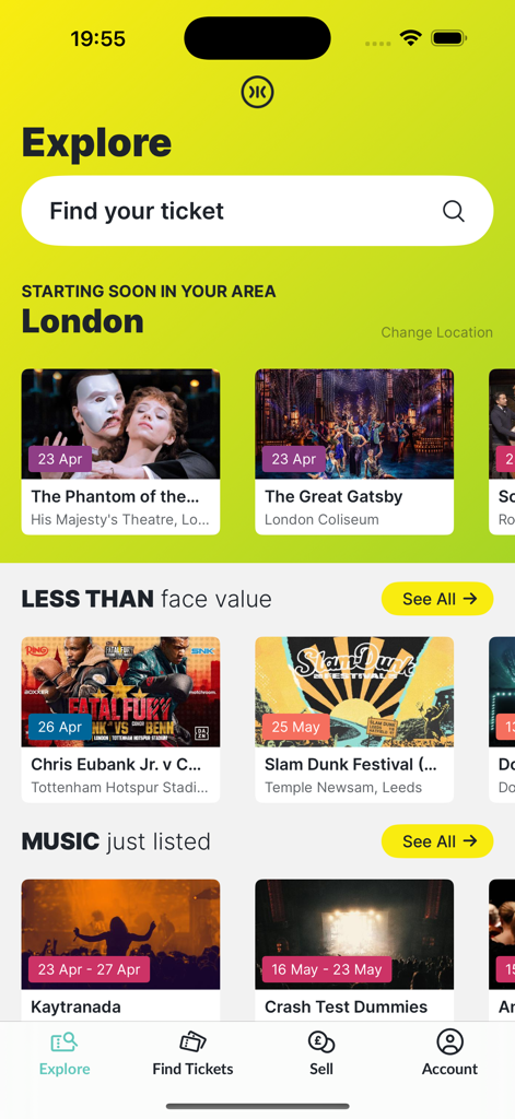 Twickets - Twickets 앱 탐색 화면, 콘서트, 연극, 스포츠 이벤트를 위한 정가 티켓 리스팅 표시.