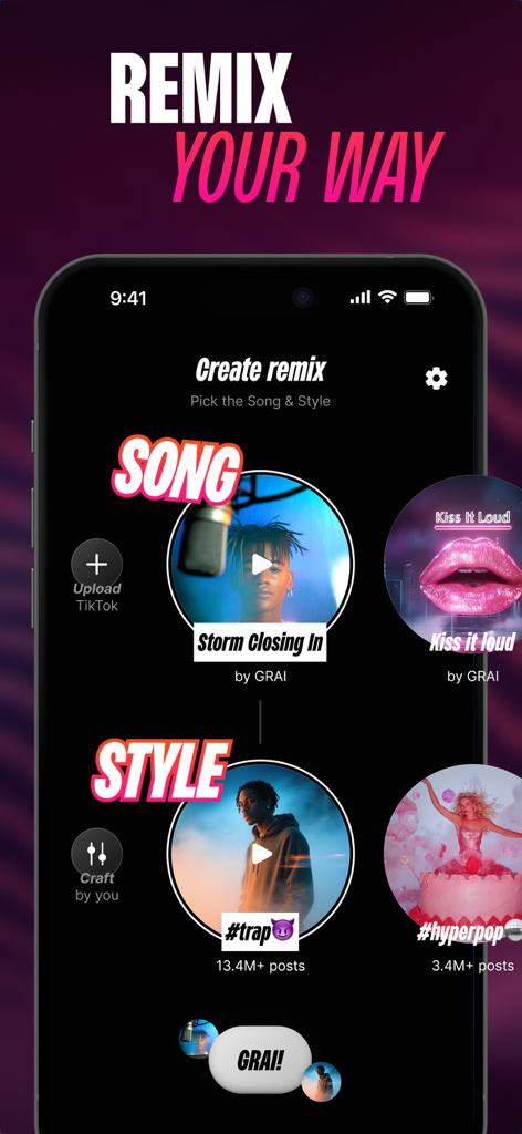 GRAI: Remix What’s Trending - GRAI app screen for creating an AI music remix by selecting a song and a genre style