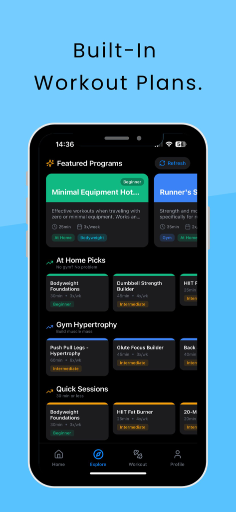 Repzy – Gym Workout Tracker - Repzy app showing built-in workout plans and featured training programs in dark mode