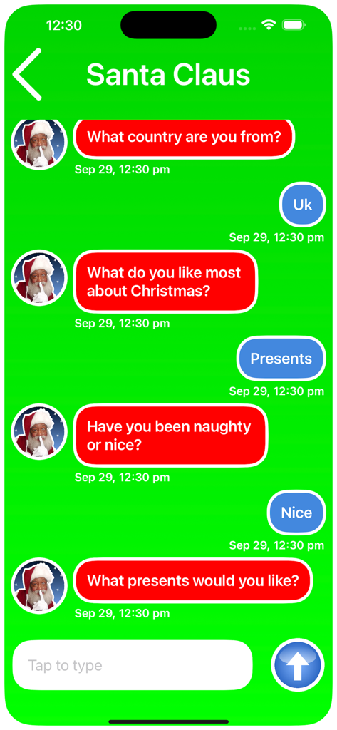 Santa Calls & Texts You - A simulated text message conversation with Santa Claus on a green background