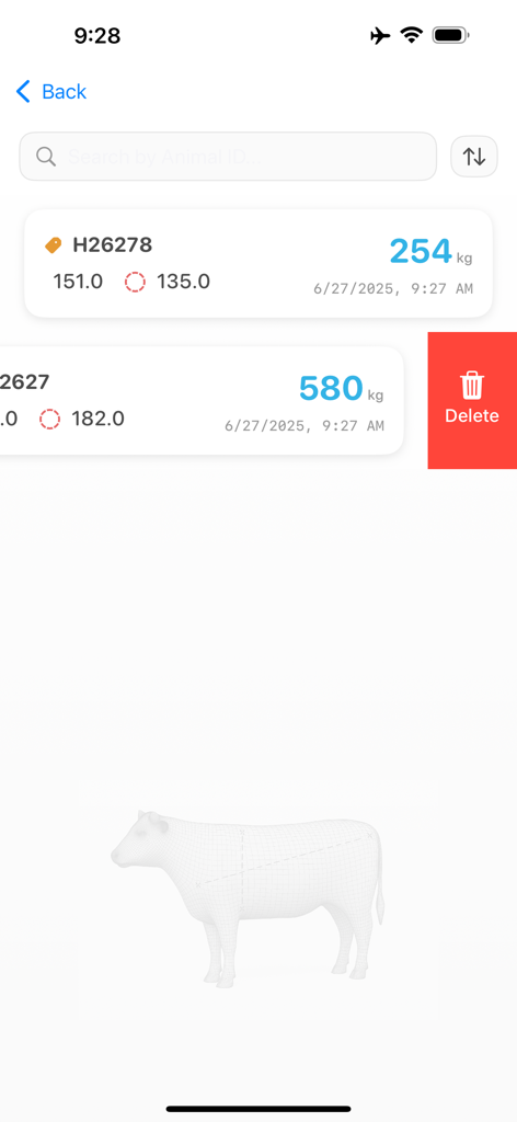 Cattle Weight Pro - Un elenco di record di peso del bestiame che mostra l'ID dell'animale e le stime del peso in chilogrammi.