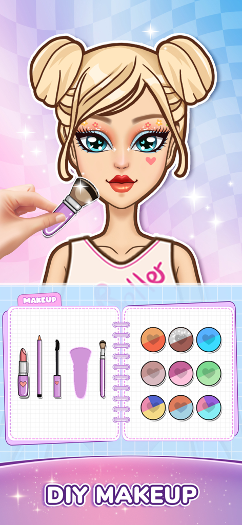 DIY Paper Doll Dress Up - A cartoon character with blonde space buns getting makeup applied using a virtual brush and a notebook-style makeup kit.