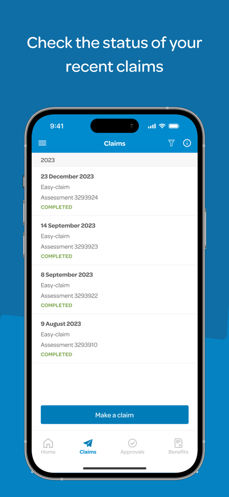 Uma tela de celular mostrando uma lista de sinistros de seguro de saúde concluídos com datas e números de avaliação