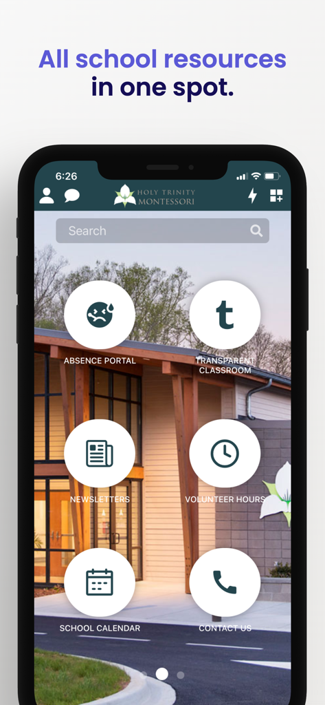 The Montessori App - Mobile interface of The Montessori App showing icons for school resources news and calendar