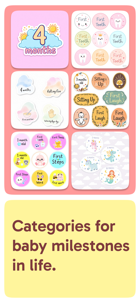 Bino: Baby Photo Editor App - A variety of cute and colorful baby milestone sticker categories for photo editing.