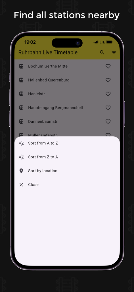 Ruhrbahn Live-Fahrplan App-Bildschirm mit Sortieroptionen für nahegelegene Haltestellen