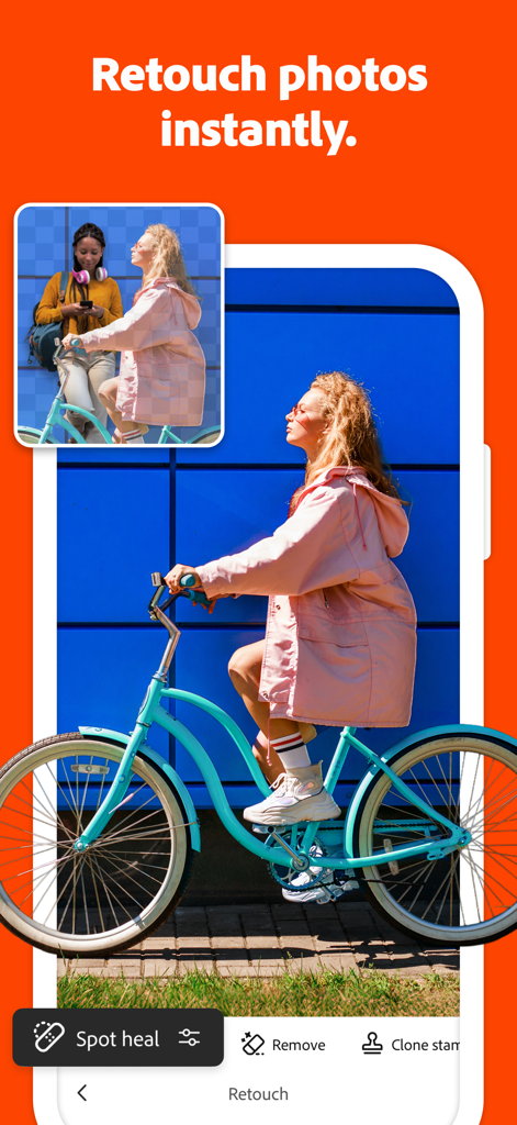 Adobe Photoshop mobile App zeigt das Reparaturpinsel-Werkzeug, um eine Person aus einem Foto-Hintergrund zu entfernen