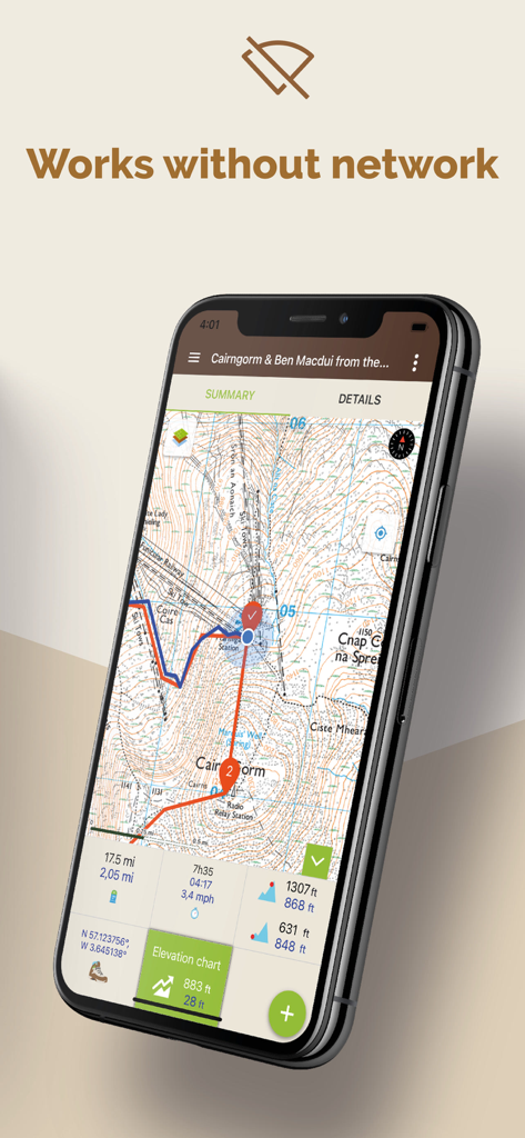 Visorando mobile app interface showing a topographic hiking map with a route and the text works without network.