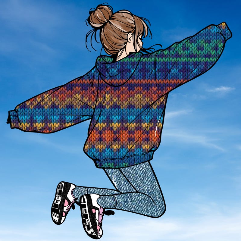 realistic girl jumping with a bun and oversized sweatshirt