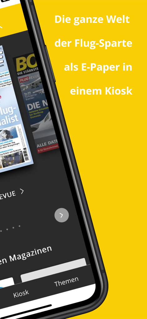 Flug Kiosk - A screenshot of the Flug Kiosk app on a smartphone showing aviation magazine covers in a digital kiosk format with a yellow background.