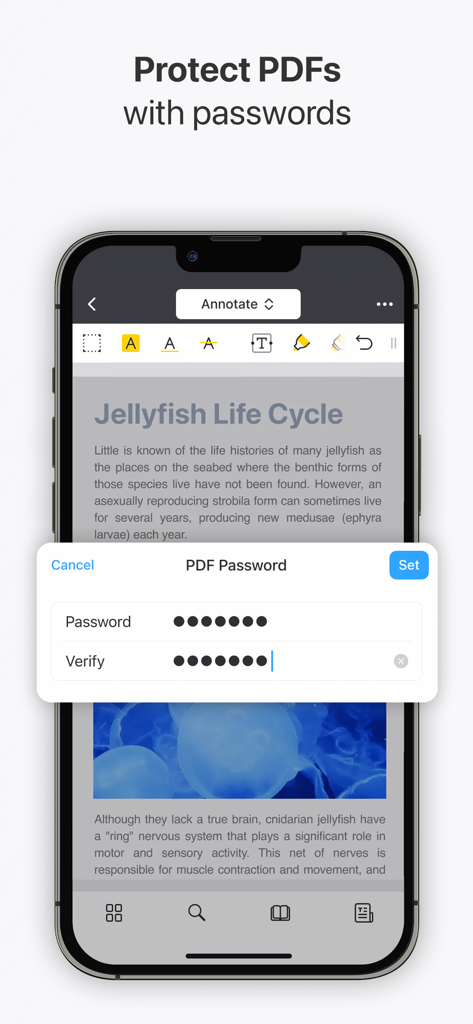 iPhone-Bildschirm, der ein PDF-Dokument mit einem sicheren Passwort-Einrichtungsdialog in der PDF Expert App zeigt