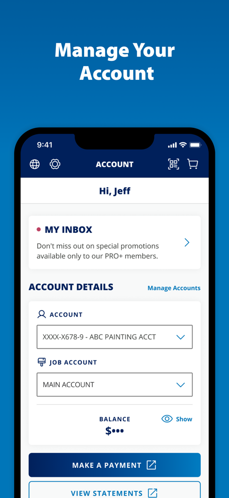 Sherwin-Williams PRO+ - Sherwin-Williams PRO plus mobile app interface showing account details and payment options for painting contractors