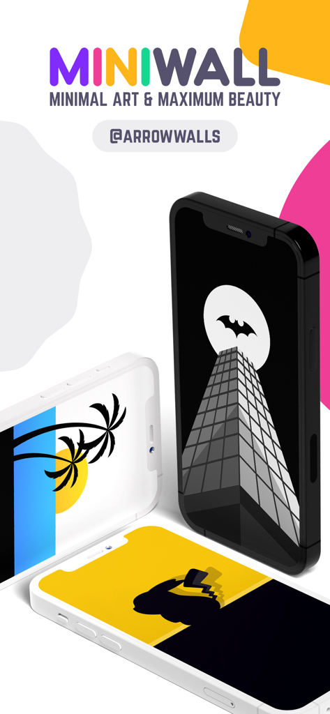 MiniWall Wallpapers - MiniWall app promotional image showing minimalist wallpapers on three iPhones