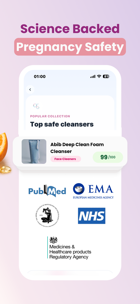 MamaSkin App-Oberfläche zeigt wissenschaftlich fundierte Schwangerschaftssicherheitsbewertungen und Logos von medizinischen Behörden
