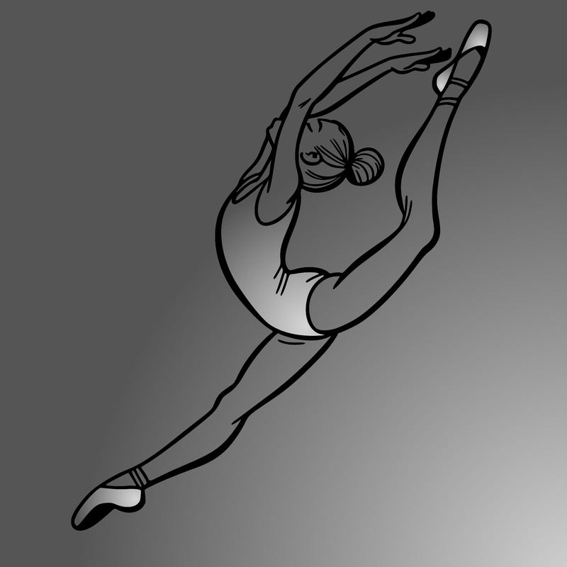 gymnast doing a leap in a leotard with a bent back leg