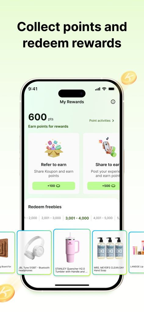 Mobile app screen showing Koupon rewards program where users can earn points and redeem freebies like headphones and tumblers