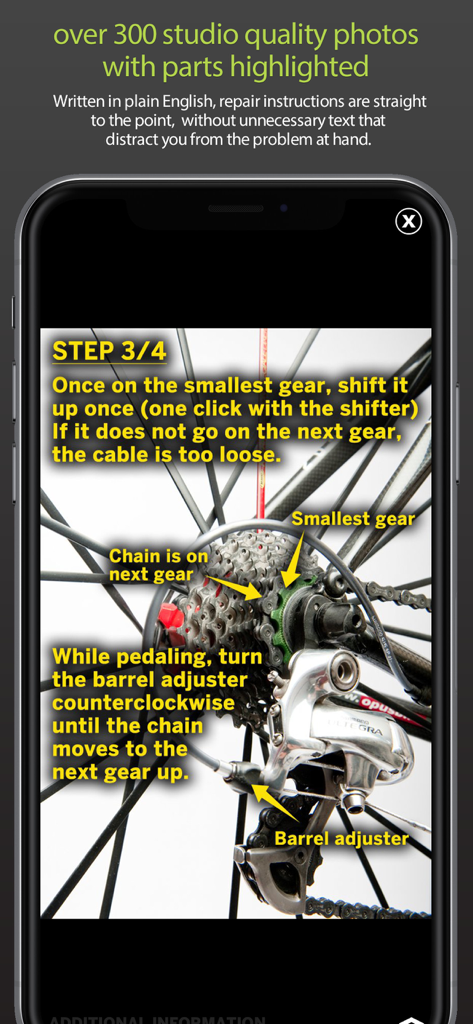 Bike Repair - Step by step bicycle gear adjustment guide with highlighted parts in the Bike Repair app