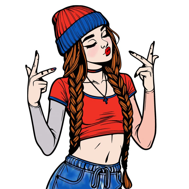 realistic teenage girl with braids and a beanie and crop top doing 🫶🏼