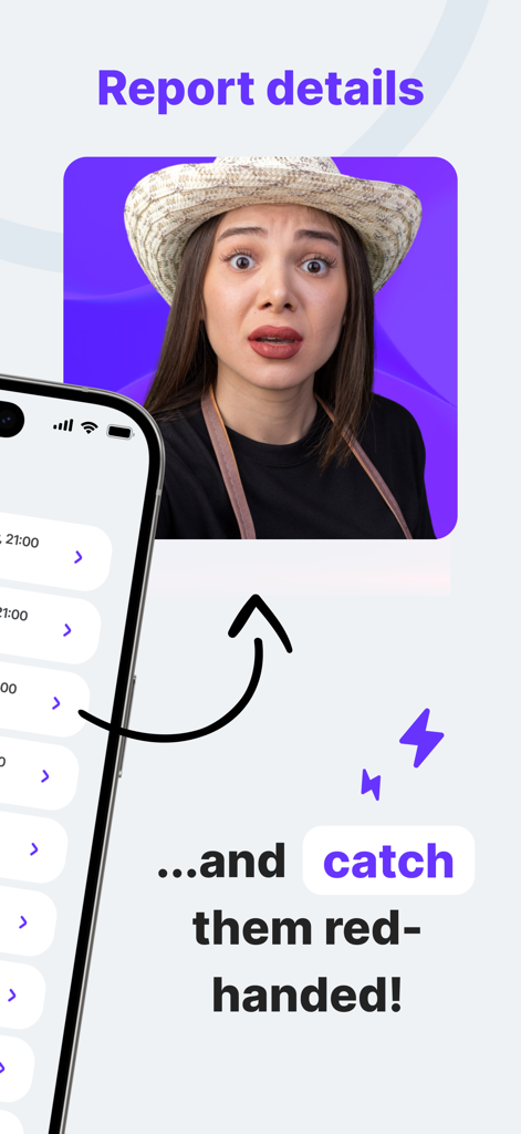 Don't Touch My Phone: App - A screenshot from the Don't Touch My Phone app showing an intruder capture report with a photo of a surprised woman caught red-handed.