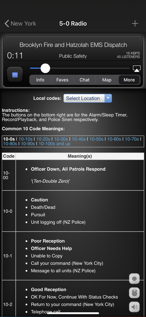 Screenshot of 5-0 Radio Pro app showing a Brooklyn fire and EMS dispatch feed and a list of common police 10 codes and meanings