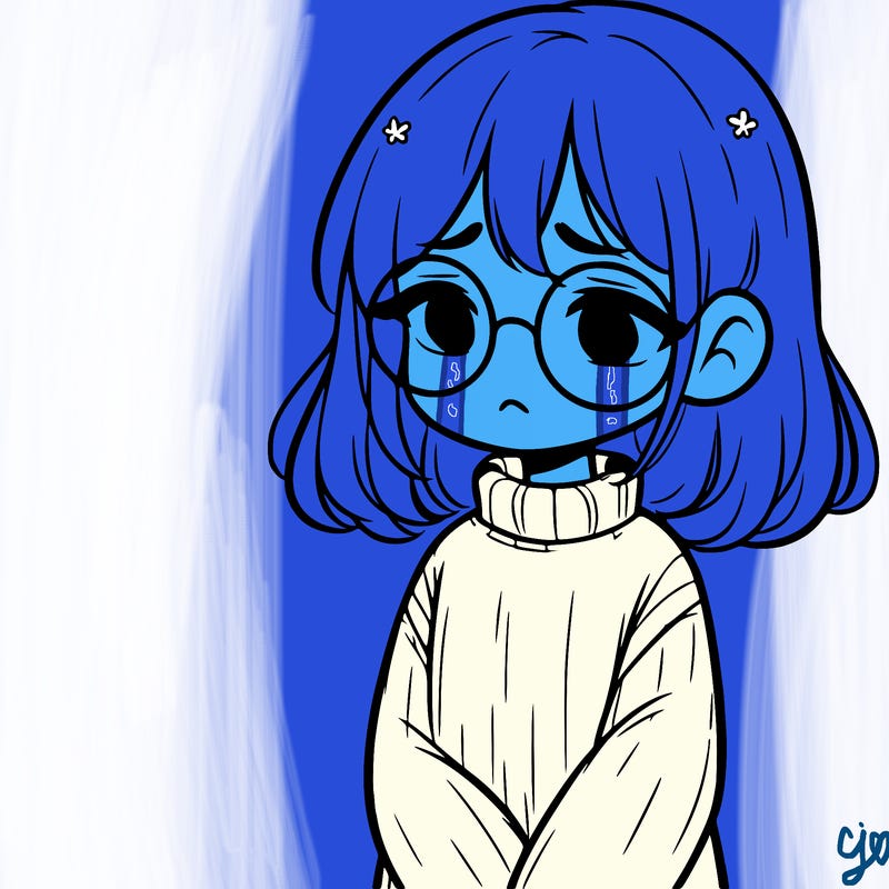 sad girl with glasses in a sweater