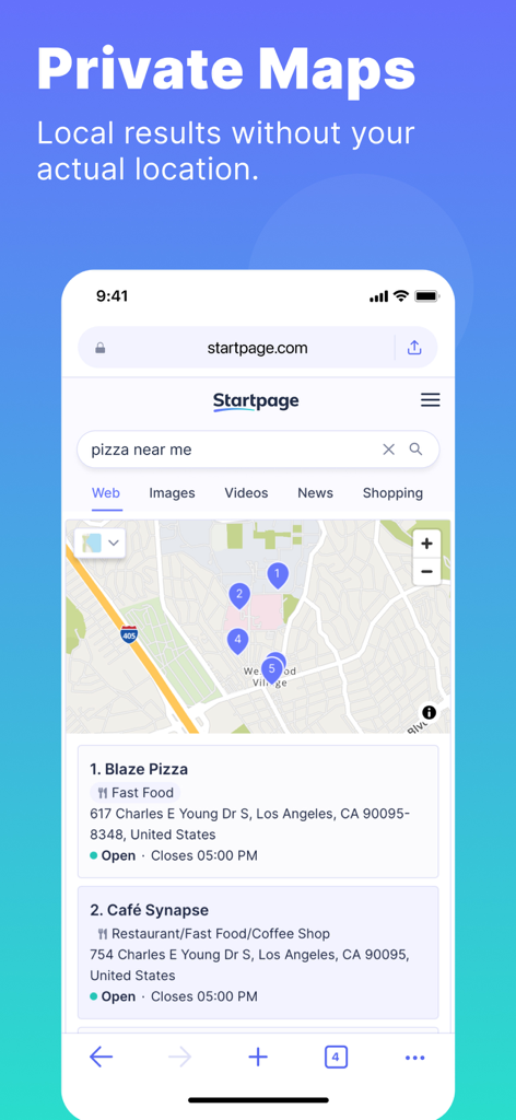 Startpage - Private Browser - Startpage private browser interface showing a local search for pizza with anonymous map results