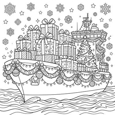 Unload a heap of holiday cheer with this unique coloring page featuring a giant container ship transformed for Christmas. Adorned with twinkling lights, festive garlands, and a mountain of presents, it's a jolly maritime scene ready for your creative touch.