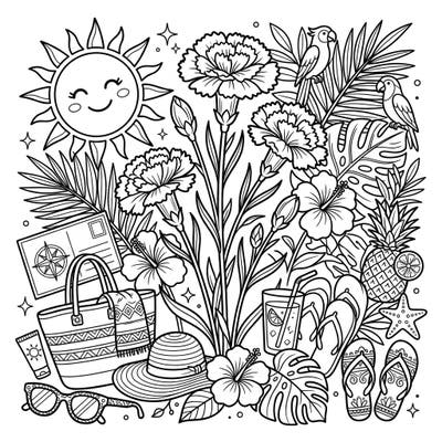 Transport yourself to a sunny paradise with this enchanting coloring page featuring beautiful carnation stems amidst a vibrant summer vacation scene. Discover delightful details like tropical blooms, beach essentials, and a cheerful sun, all waiting for your creative touch.