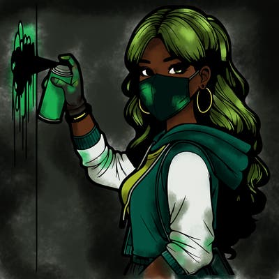 realistic girl with mask spray painting a wall