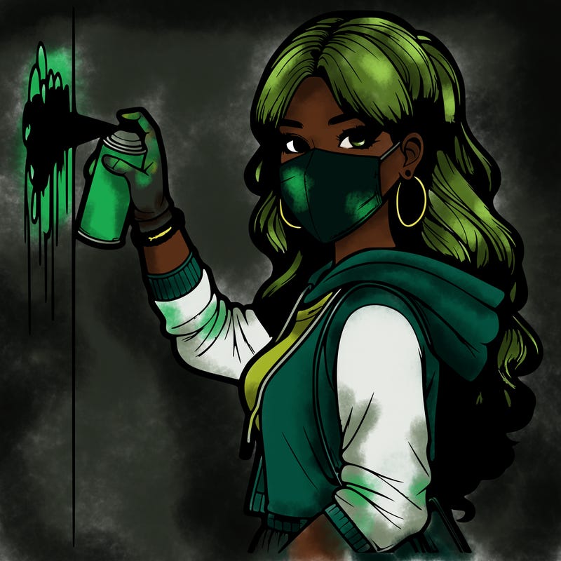 realistic girl with mask spray painting a wall