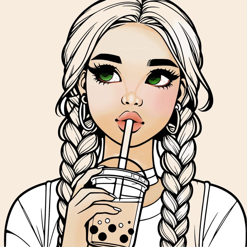 realistic girl with braided hair drinking boba