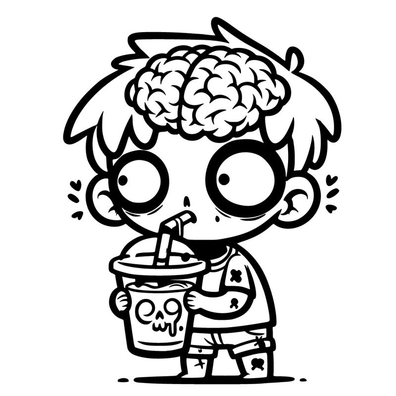 a cute zombie boy drinking a brain smoothy