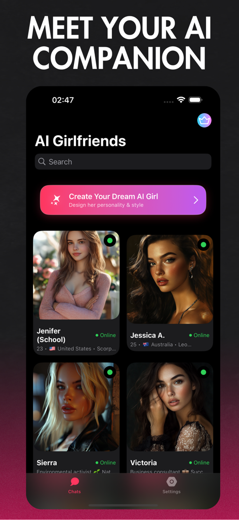 AI Chat Girlfriend - Interface of the AI Chat Girlfriend app showing various virtual companions and the option to create a custom AI girl