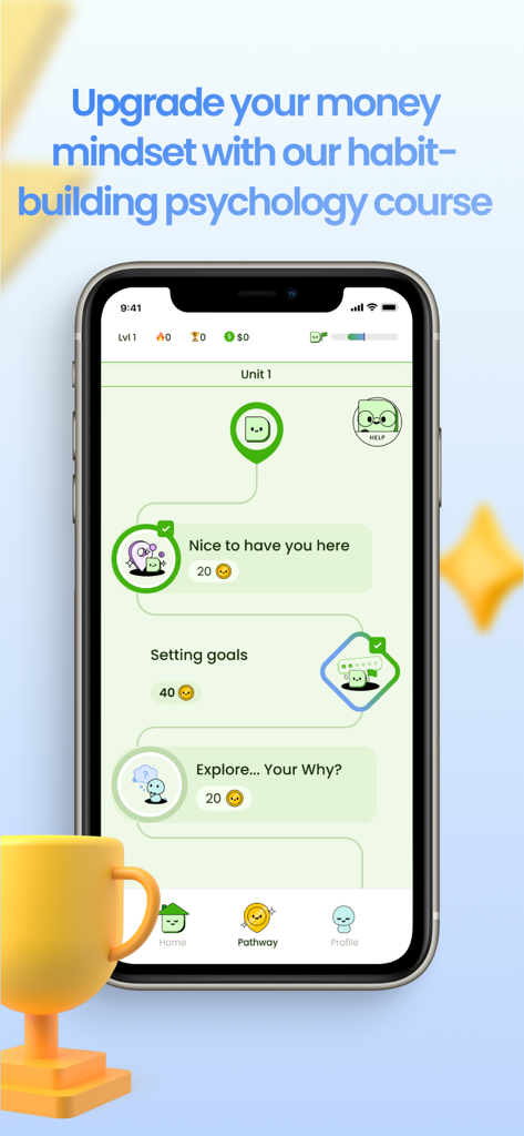 A gamified financial psychology course roadmap in the Debbie app showing lessons and rewards.