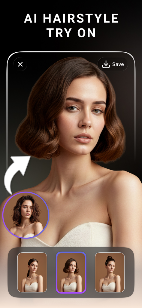 AI Hairstyle + - Interfaz de prueba de peinado IA que muestra a una mujer con un corte de pelo bob corto y ondulado