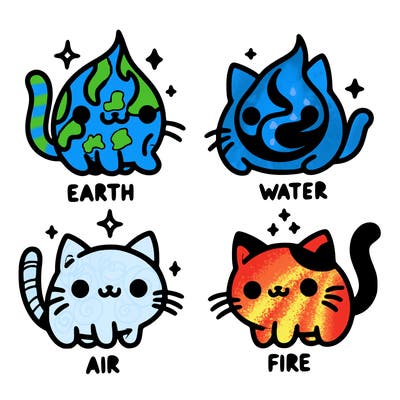 4 cats that represent the different elements, earth, water, air, and fire