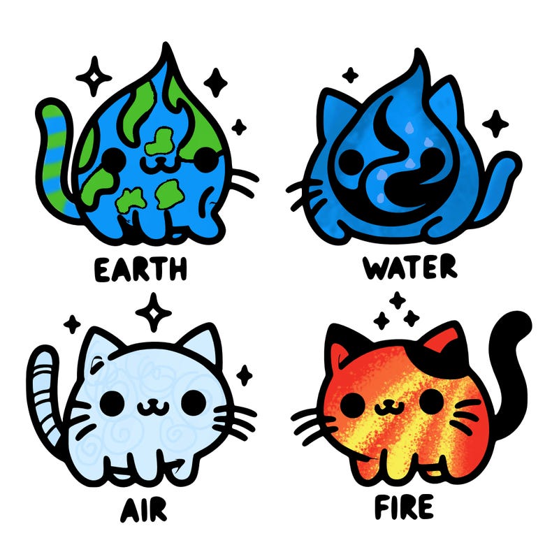 4 cats that represent the different elements, earth, water, air, and fire
