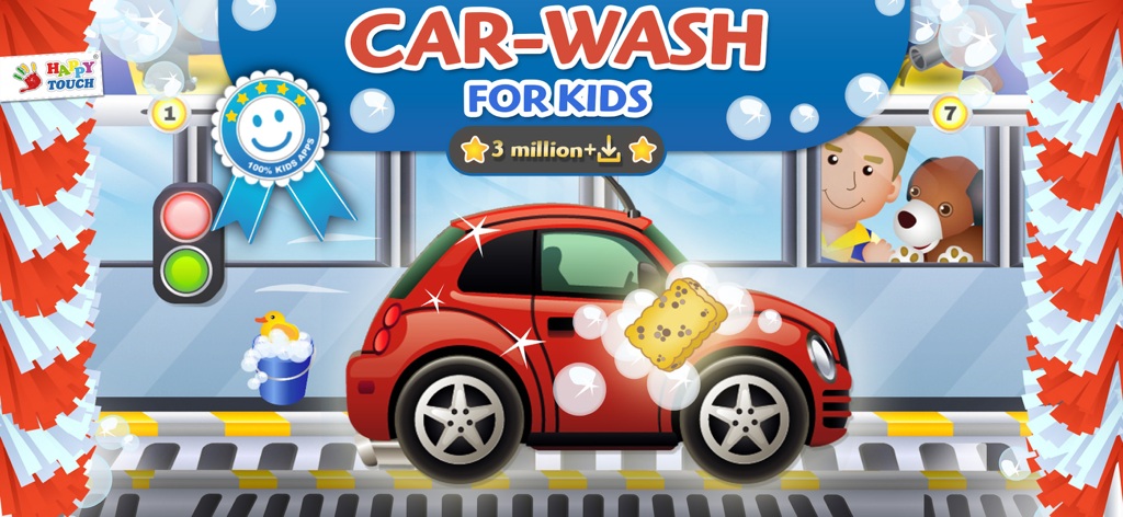 A red cartoon car being washed with a sponge and soapy bubbles in a car wash app for kids.
