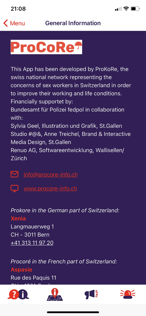 LEXI App - General information screen of the LEXI App showing ProCoRe contact details and regional offices in Switzerland