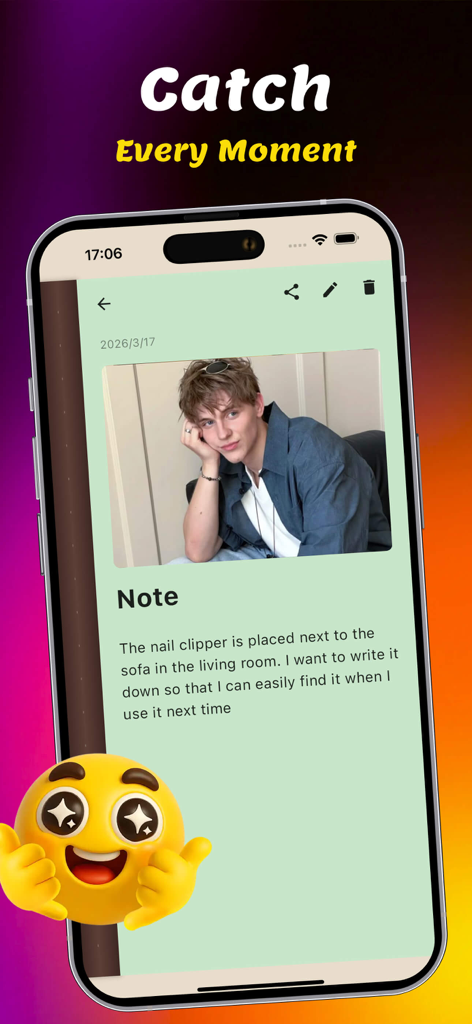 Leon- - A personal note interface in the Leon app showing a photo and a text reminder about an everyday item