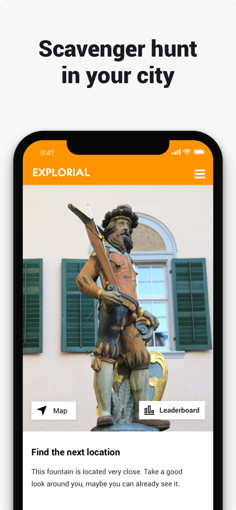 Explorial - Explorial app screen showing a scavenger hunt task to find a local city fountain statue