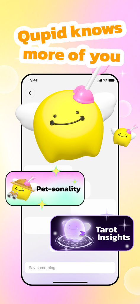 Interface de l'application Bondee montrant le personnage IA Qupid avec des options pour Pet-sonality et Tarot Insights