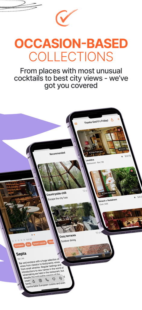 UPTOWN - map of places in town - Mobile app interface showing curated venue collections for different occasions.