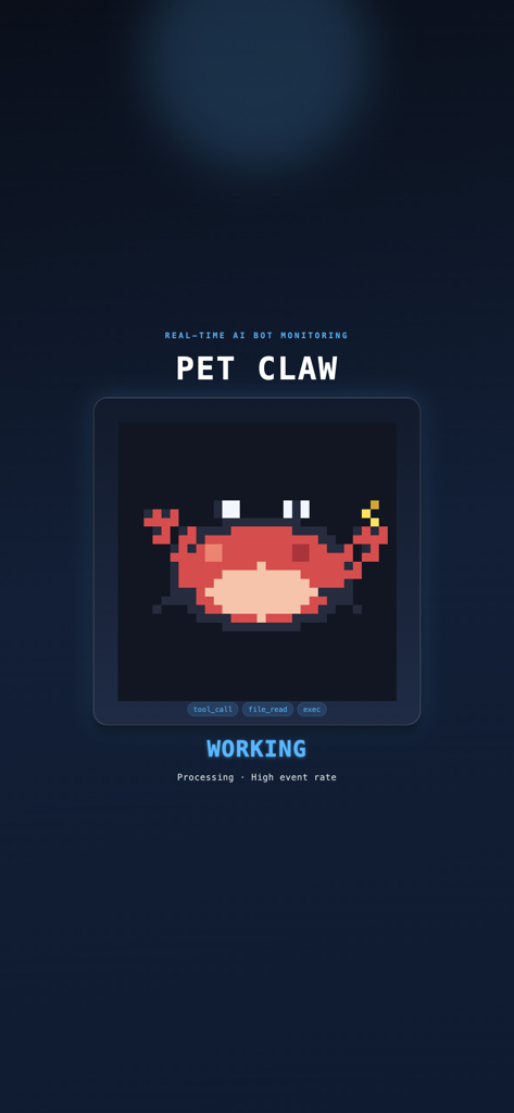 Pet Claw - Pet Claw app interface showing a red pixel art crab in a working state for real-time AI bot monitoring.