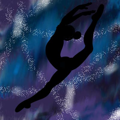 gymnast doing a leap in a leotard with a bent back leg