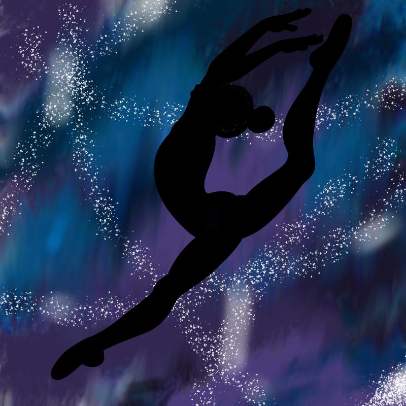 gymnast doing a leap in a leotard with a bent back leg